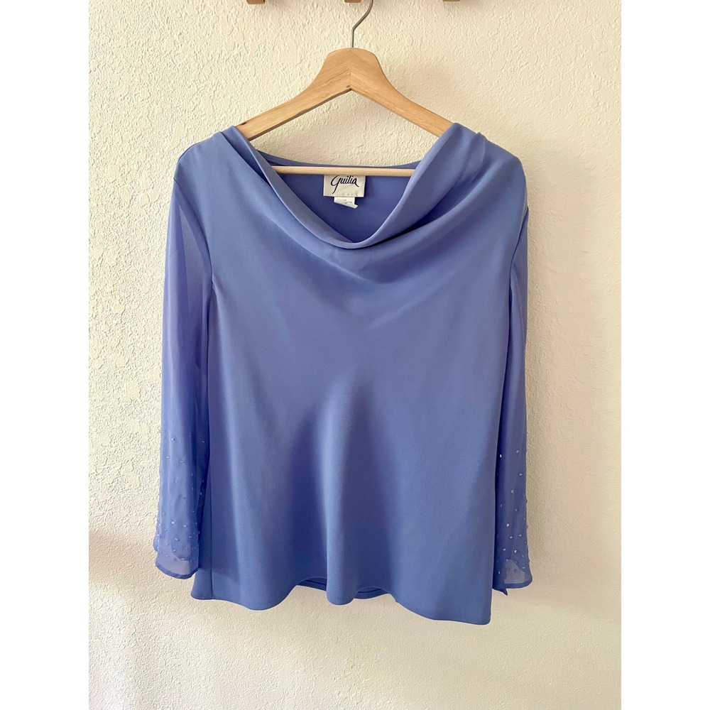 Vintage Guilia Womens Periwinkle Draped Cowl Neck Beaded Sleeve Blouse Top
